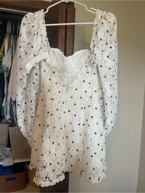 For Love & Lemons White Lace Mini Dress with Black Dot Accents
